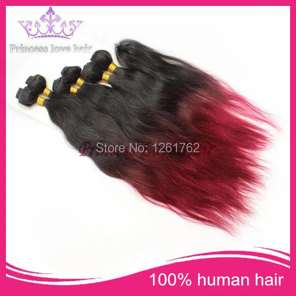 Virgin Brazilian Hair Ombre Extensions With Closure natural wave 1b#99j#Burg Three Tone 6 bundles lot |