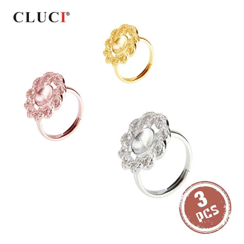 

CLUCI 3pcs Silver 925 Flower Ring Valentine Day Gift for Women Jewelry Sterling Silver Zircon Pearl Ring Mounting SR2007SB