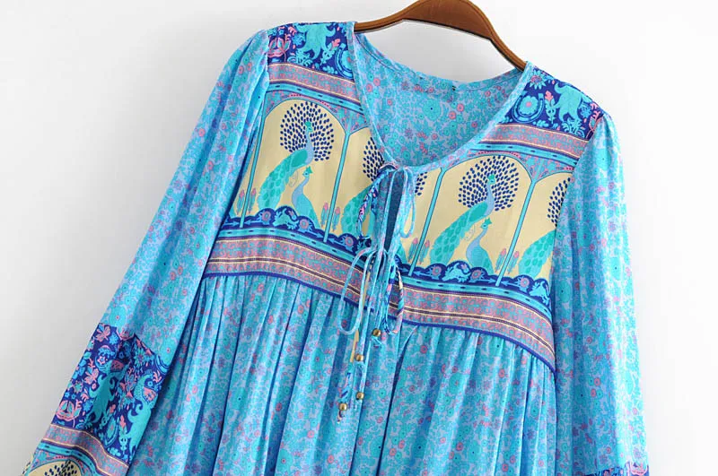 Boho шикарное летнее винтажное короткое платье с цветочным принтом павлина