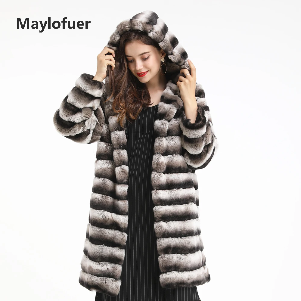 Куртка Maylofuer с капюшоном шиншилла длинная шуба из кролика рекс натуральный мех