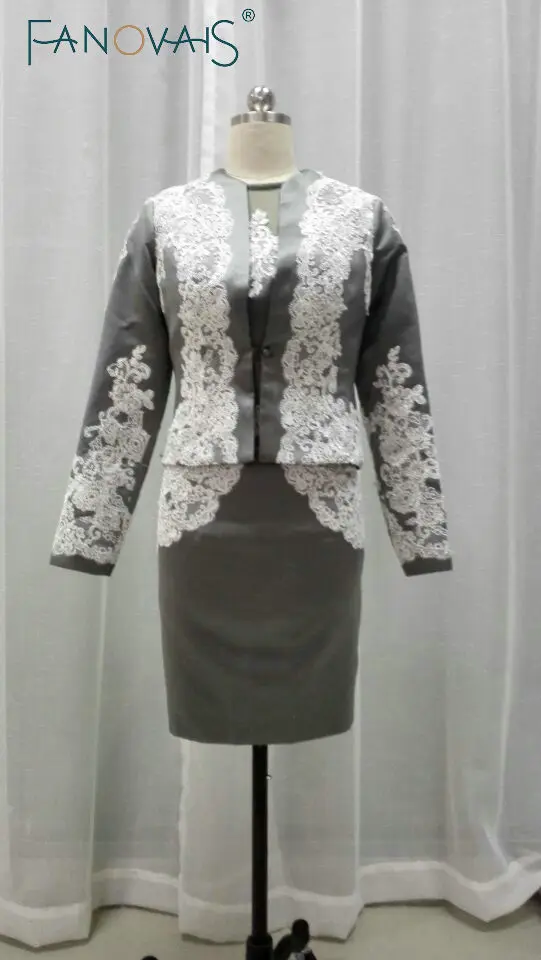 Серебристо серые платья для матери невесты с куртками половинные рукава длина до