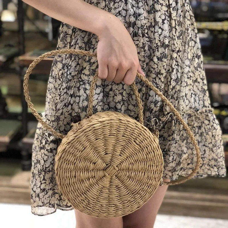 Плетеный соломенный круглый мешок из ротанга модная Натуральная соломенная