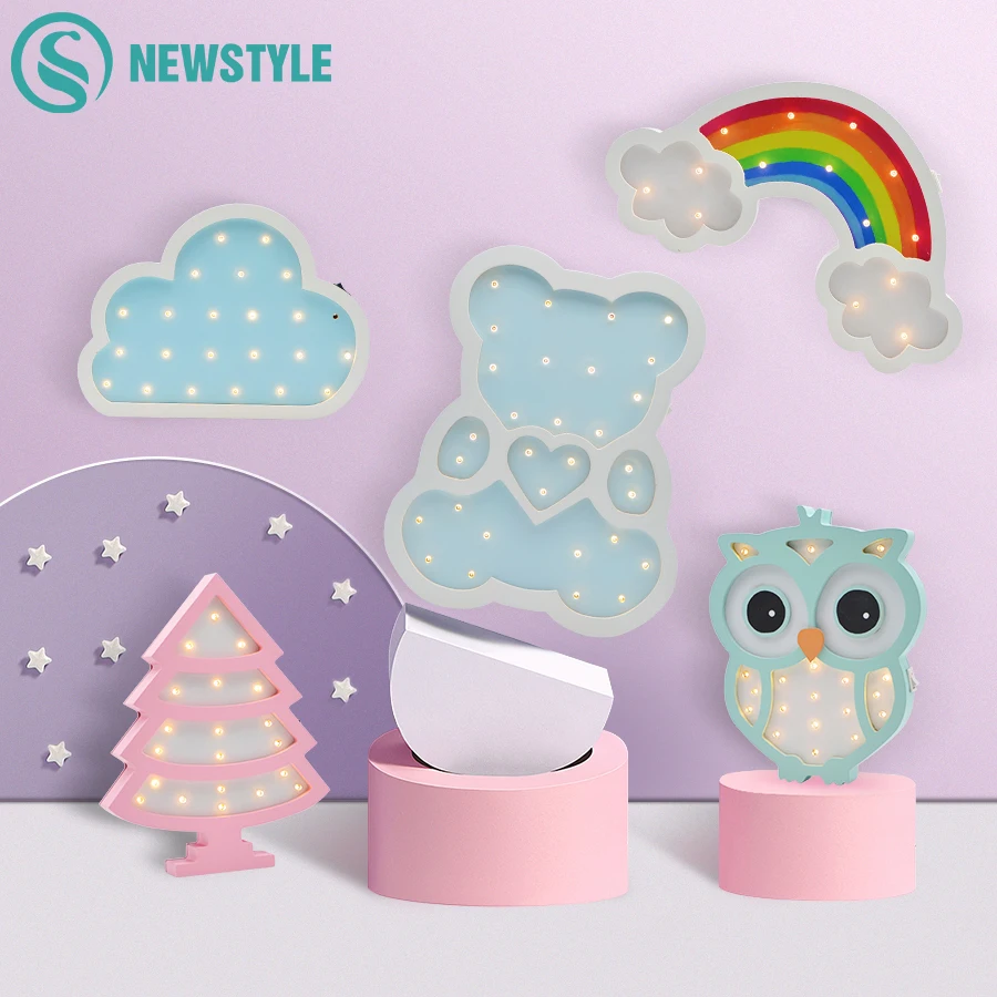 Милый Ночной светильник в стиле совы медведя Единорога для девочек деревянная