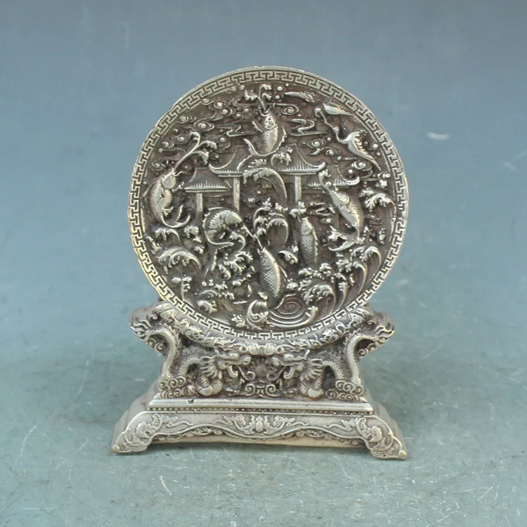 Старинная резная серебряная тарелка для карпа старой династии Цинтай, поделки ручной работы, декоративная коллекция и украшение, бесплатная доставка