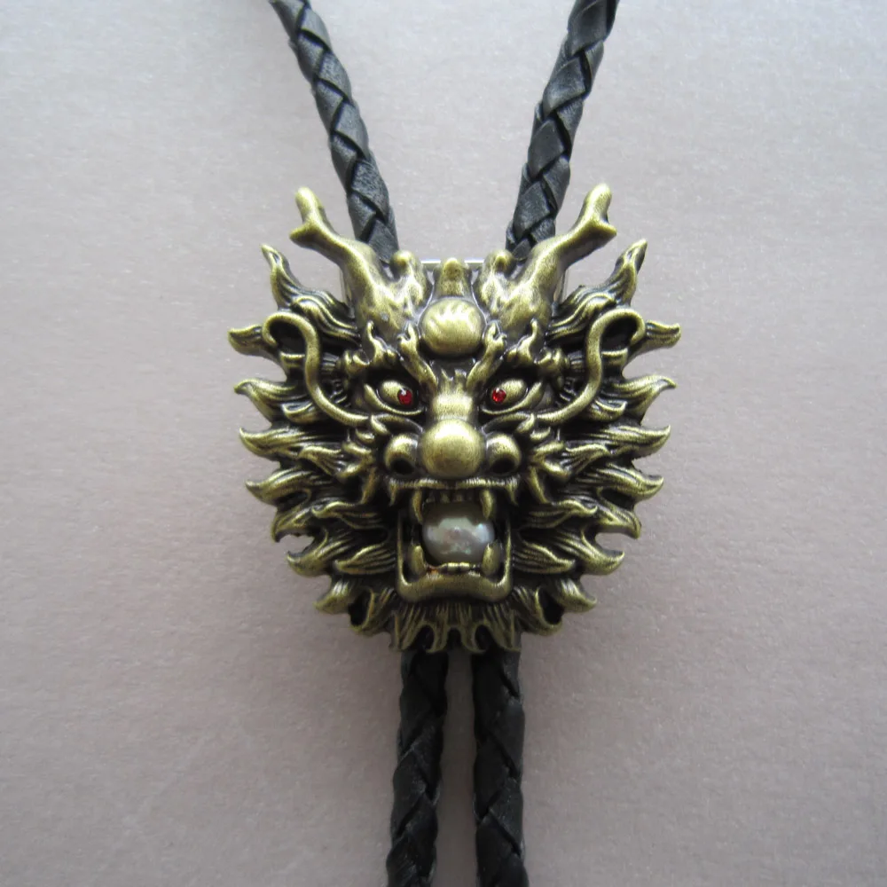 

Vintage Bronze Plated Real White Pearl Dragon Bolo Tie Leather Neck Tie