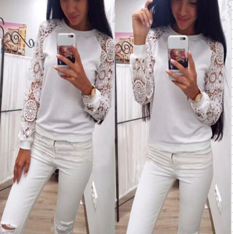 

New Fashion Nice Pop Tide Women Long Sleeve Lace Hoodies Sweet Casual Sweatershirt Pullover Knitwear White A411