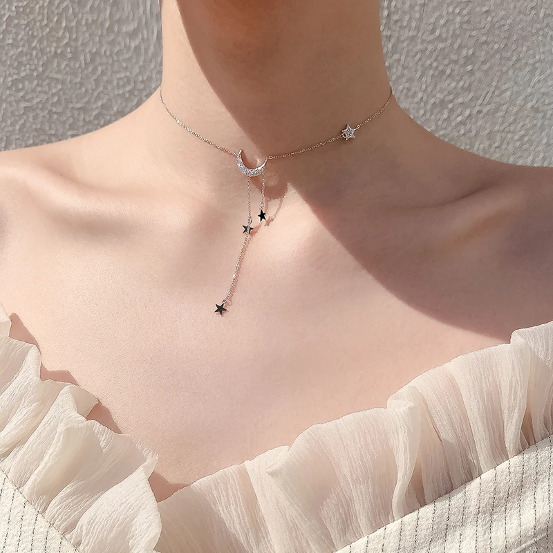 Серебро 925 пробы, звезда, луна, кисточка, ожерелье, Женская Корейская версия, ключица, цепь, простая личность