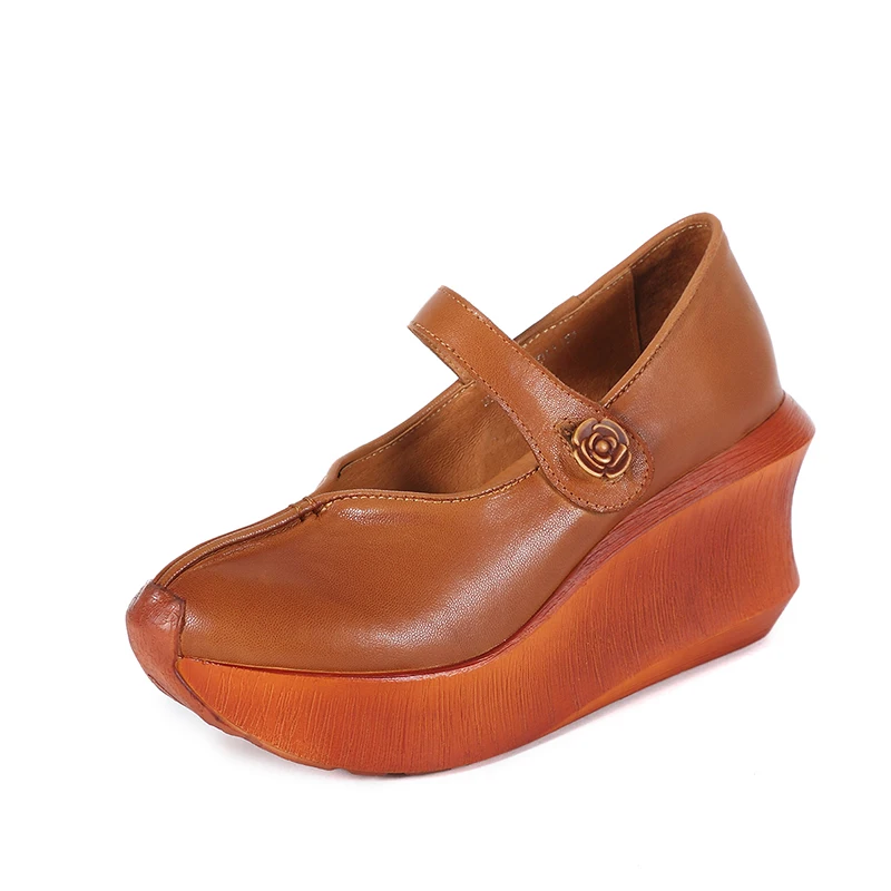 

2019 New Arrival Women Shoes Platform Wedges Pumps Genuine Leather Strap Handmade Vintage Lady High Heels Shoes