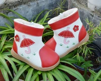 girls boots genuine leather plush lining umbrella flowers on grass fun shoes red pink green color winter new collection