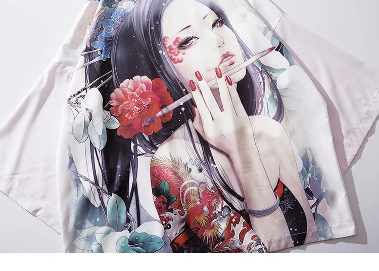 Харадзюку кимоно куртка японский Ukiyoe цветочный Гейша тату хип хоп мужская уличная куртка пальто летнее тонкое платье японский стиль