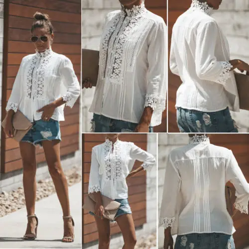 Женская блузка белая кружевная шифоновая с длинным рукавом 2019 | одежда