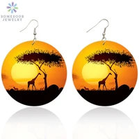 somesoor 6cm flat round african tribal wood drop earrings afro giraffe animal eco art printed dangle jewelry for women gift