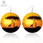 SOMESOOR 6 см плоские круглые Африканские Этнические деревянные висячие серьги афро Жираф Животные эко-художественные печатные Висячие ювелирные изделия для женщин в подарок