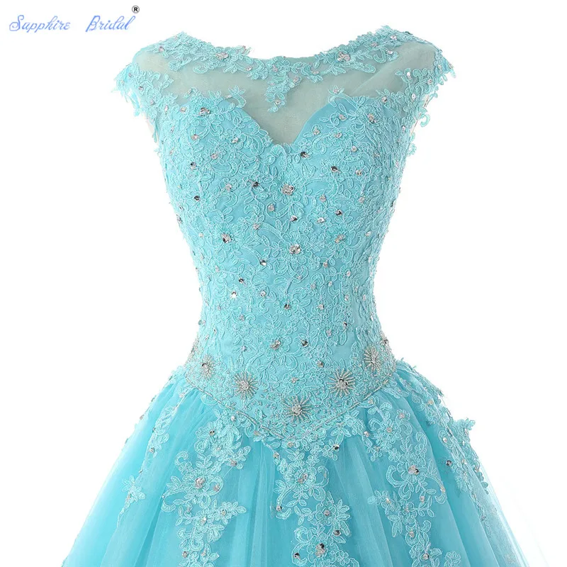 Сапфировое свадебное длинное вечернее платье Vestido De 15 Anos Cap Sleeve кружевное с