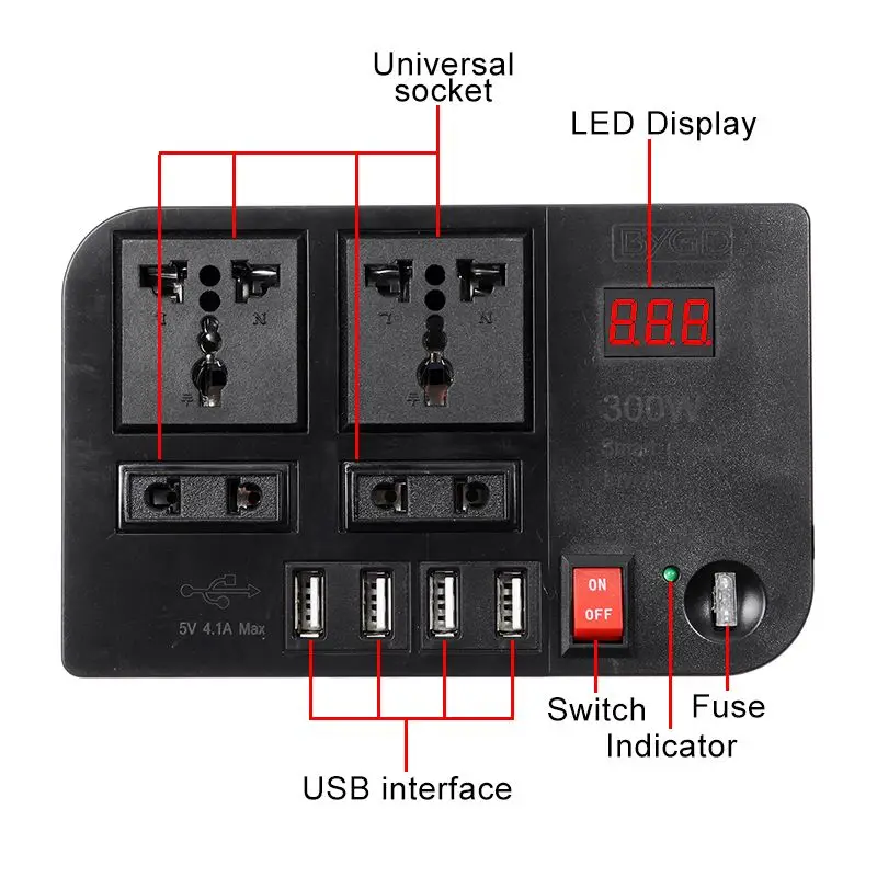 Автомобильный преобразователь напряжения 4 USB 300 Вт 12 В постоянного тока в 220