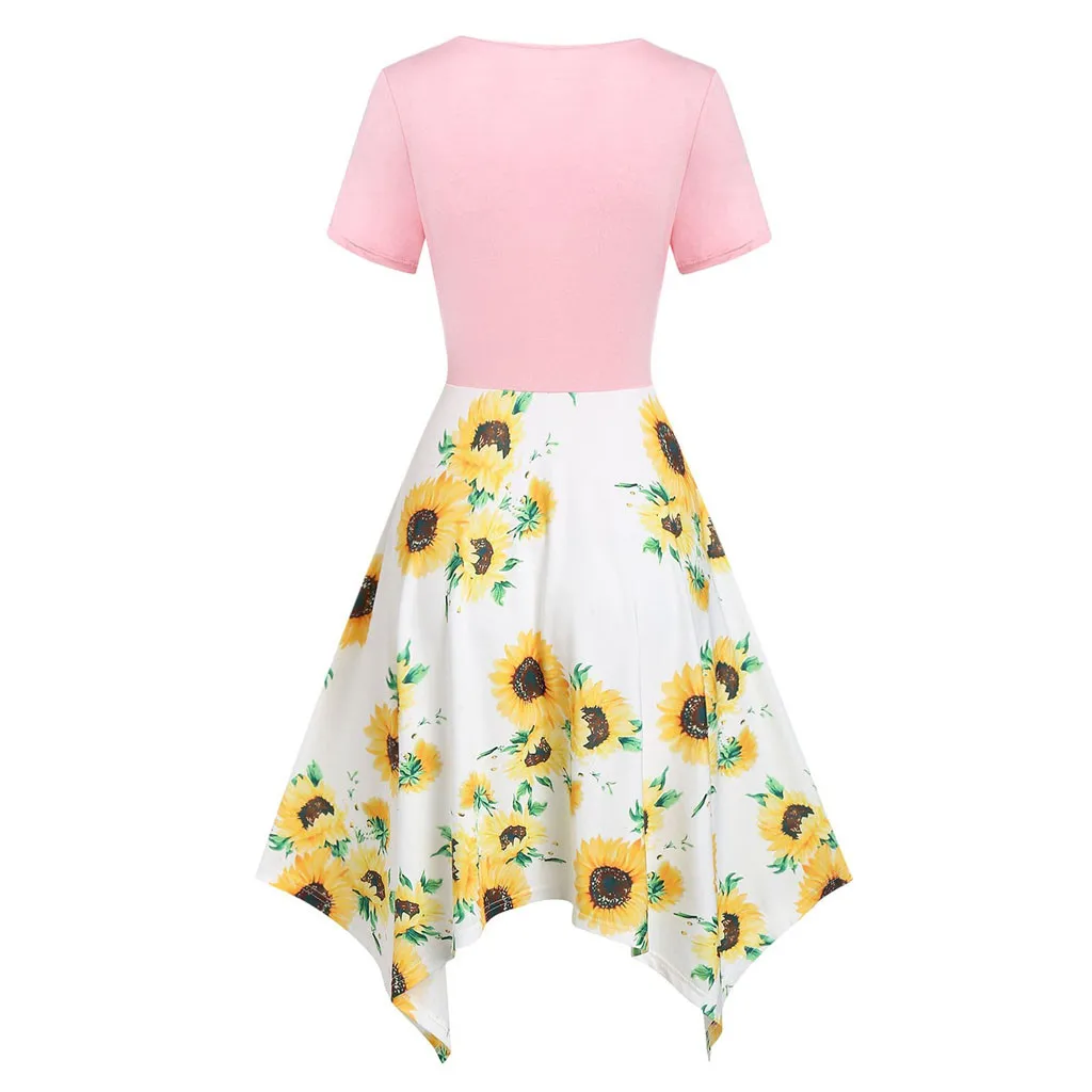 Модные женские Подсолнухи с коротким рукавом v-образным вырезом асимметричное