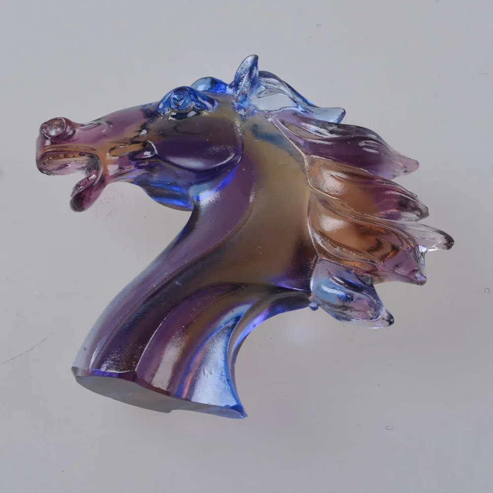 

LS Chinese Colorful Horse Head Feng Shui Liuli Art&Collectible Gift Crafts Azure Stone Paperweight Home office wedding Decor