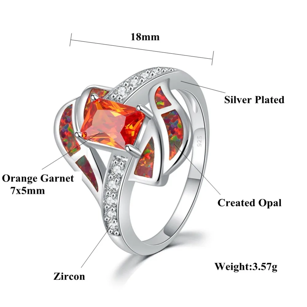 Кольцо на палец CiNily Orange Fire Opal с фианитами и кристаллами посеребренное покрытие