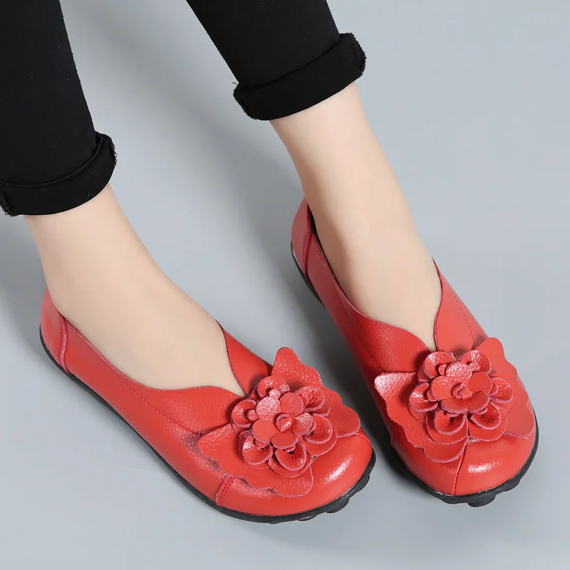 

Shoes women 2022 fashion flowers genuine leather flat shoes woman solid color comfortable loafers slip-on women shoes