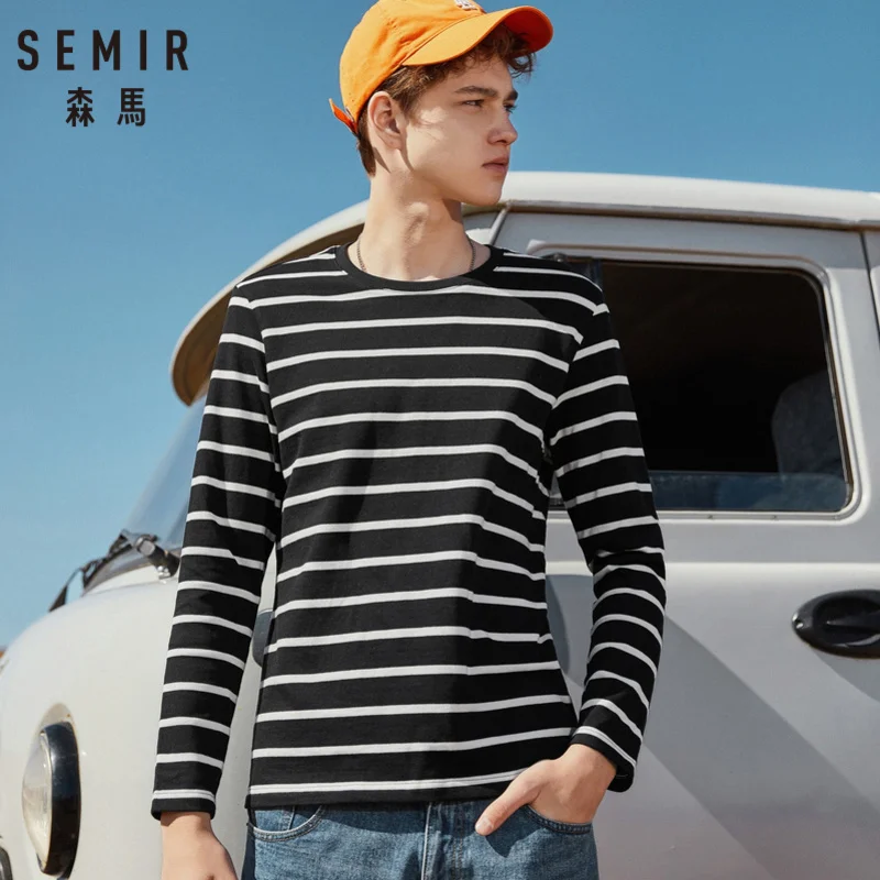 SEMIR для мужчин 100% Хлопковая полосатая футболка с длинным рукавом Классические в