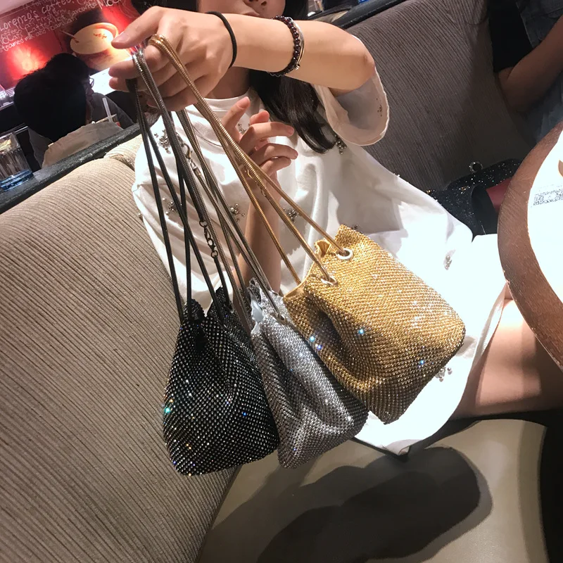 

Custom Women Handags Rhinestone Bucket Small Bags Female Ladies Evening Party Clutch Banquet Fashion Storage Shoulder Bags 2019