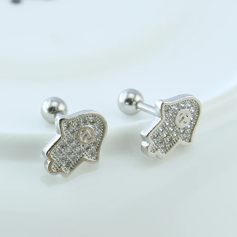 Серьги Хамса серьги гвоздики двусторонние из нержавеющей стали с кристаллами