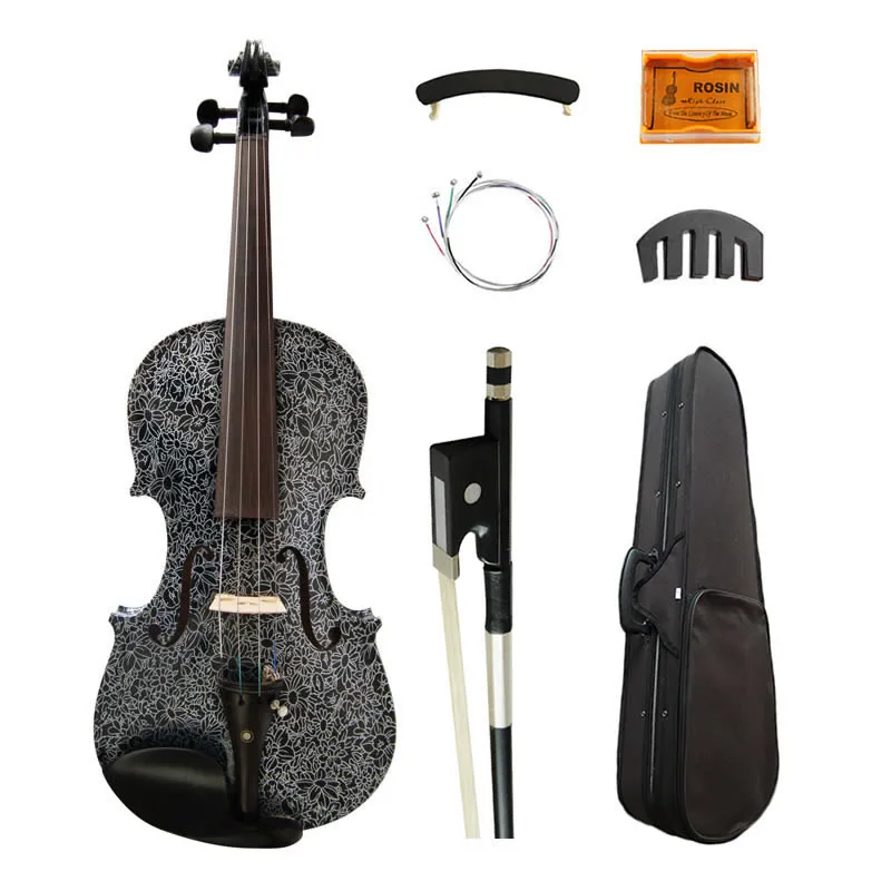 

Art Acoustic Violin 4/4 Lotus Painted High-grade Ebony Fittings Maple Black Violino Music Instruments w/ Full Accessories