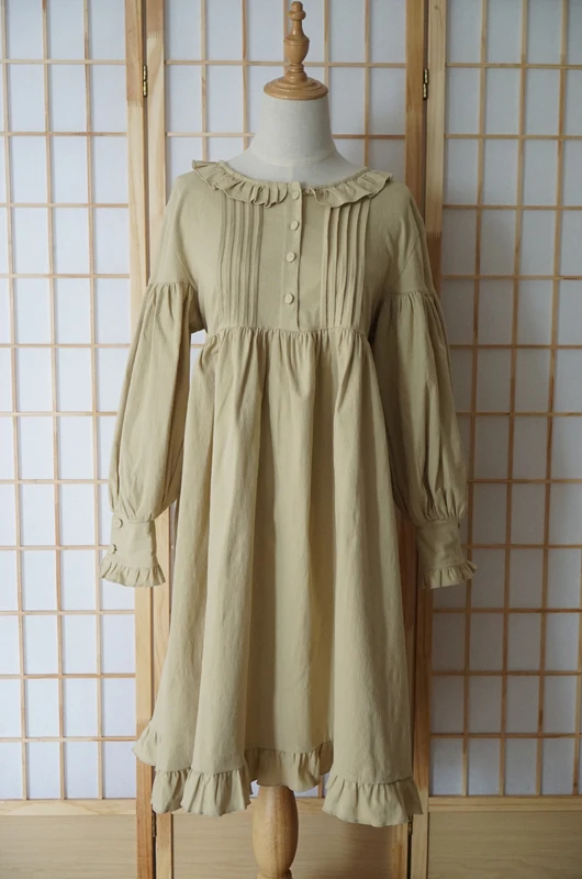 Khaki Винтажное женское платье Золушки в стиле Mori Girl, 2 предмета, Длинное свободное платье зеленого чайного цвета, платье с рукавами-пузырьками+ бежевый фартук горничной - Цвет: Khaki