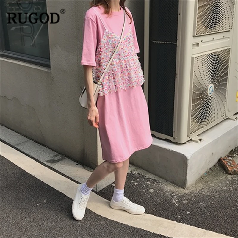 RUGOD 2019 New Arrival Women O-neck Half Sleeves Straight Fake Two Piece Dress Sweet Korean Style Slim Modis Summer Mujer | Женская