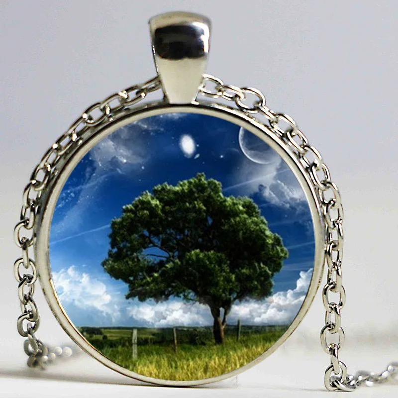 Shiny moon pendant necklace space jewelry galaxy choker nebula neckless glass cabochon universe silver Color chain | Украшения и