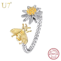 u7 925 sterling silver yellow color cute flower honey bee open size rings for girls women jewelry lovers gift finger ring sc152