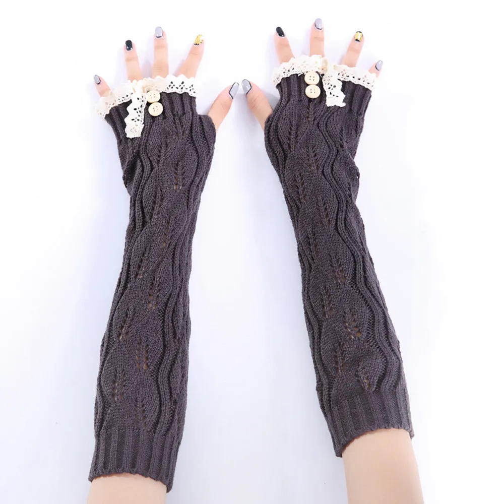 Dark Gray 1 пара, модные женские зимние теплые однотонные Вязаные кружевные длинные перчатки без пальцев, варежки, высокое качество,, 18Nov - Цвет: Dark Gray