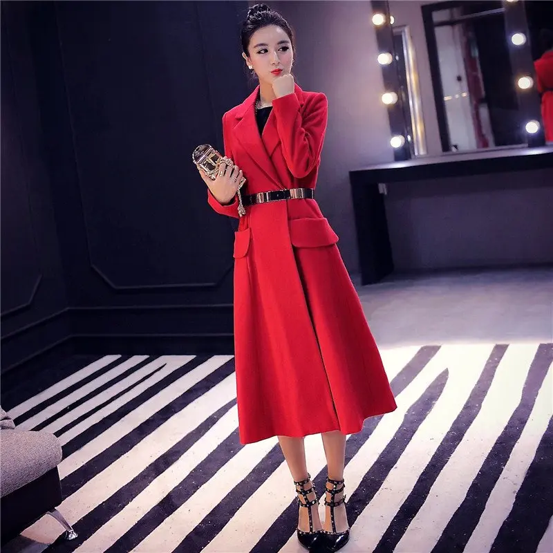 Красное шерстяное пальто 2019 зимнее женское элегантное длинное манто Femme модное