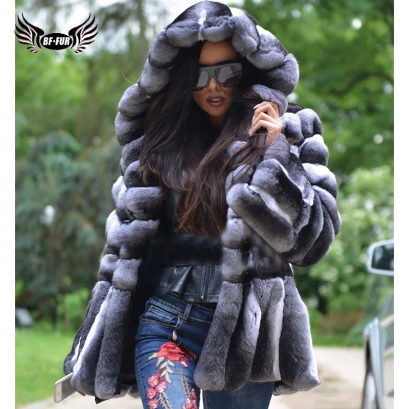 BFFUR Real Fur Coat Rex Rabbit Whole Skin Real Fur Coats For Women Winter Sale Fashion Warm streetwear With Fur Hood Chinchilla enlarge