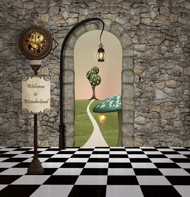 Виниловые фоны для студийной фотосъемки Sensfun Welcome to Alice Wonderland Stone House Mushsroom на заказ