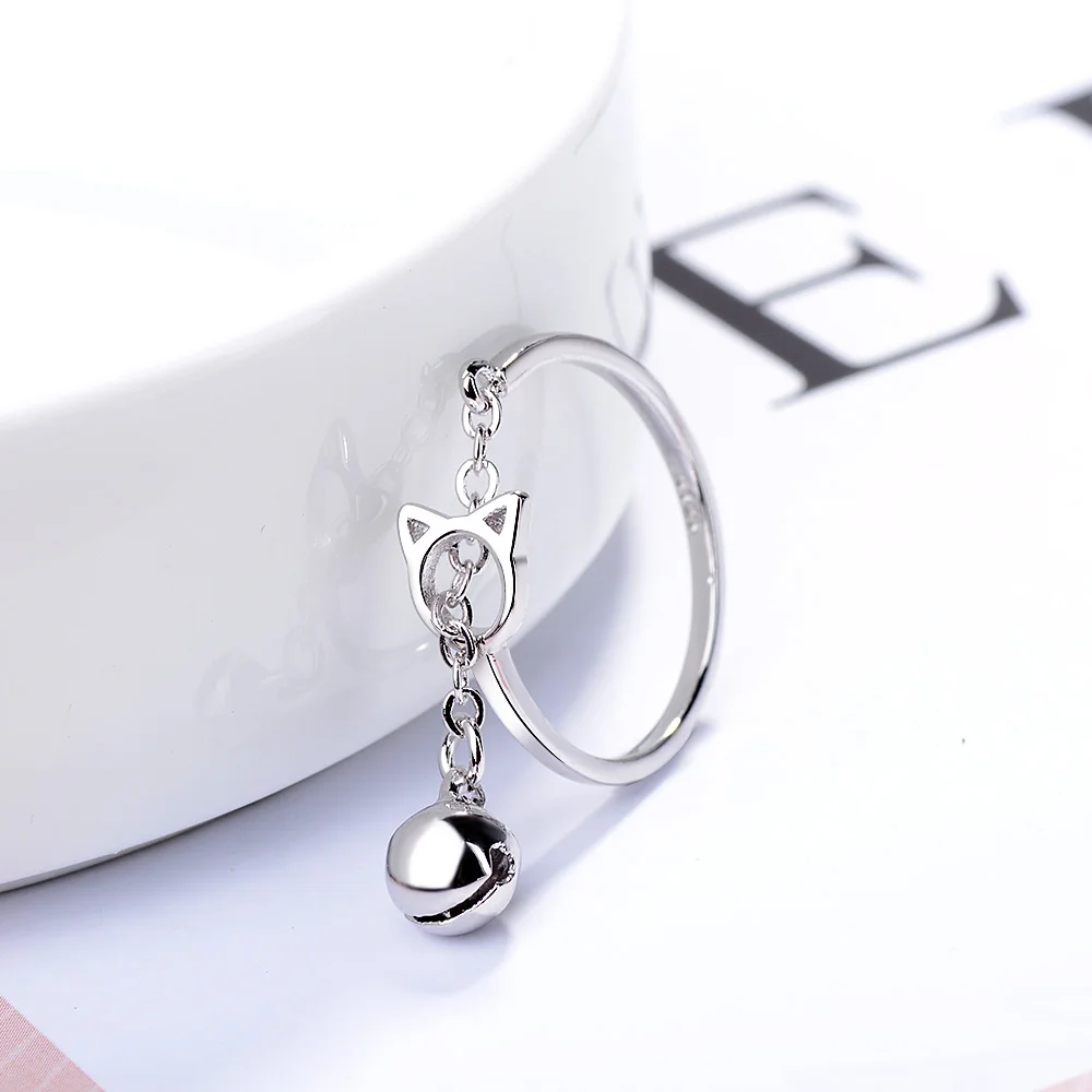 

XIYANIKE Hot Sale New Cute Simple Fashion Cat Head Chain Dangler Bell Ring Unique Opening Adjustable Statement Jewelry For Women