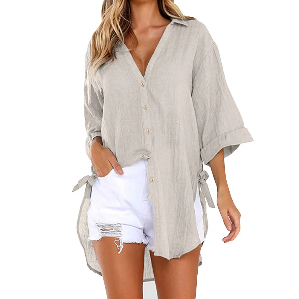 

New Arrival 2019 Women's Casual Button V-neck Long-Sleeved Loose Long Shirt Roupas Femininas