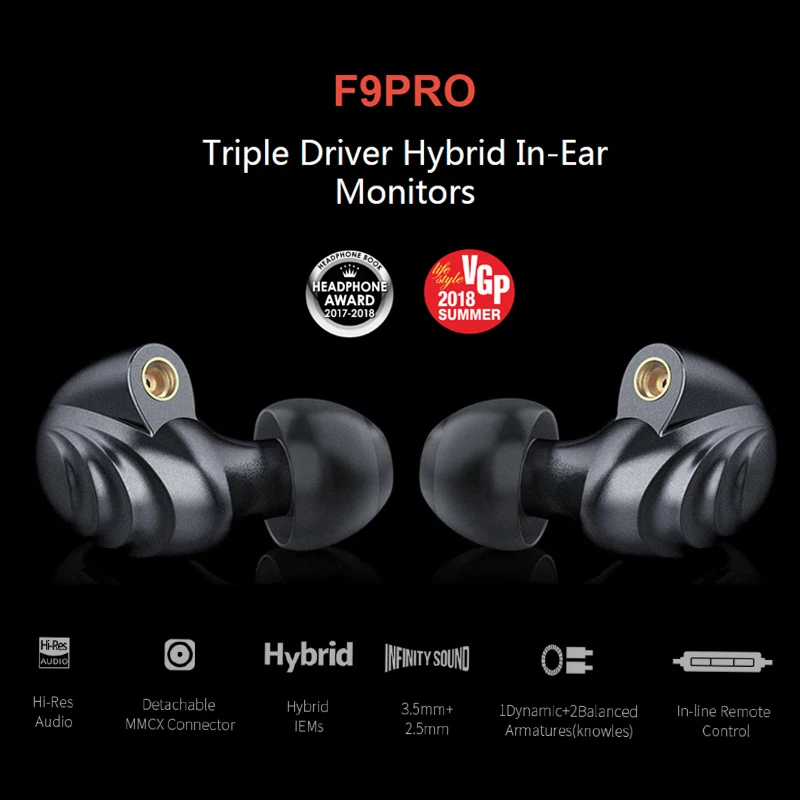 Наушники FiiO F9 Pro с тройным монитором 1 synamic и 2 сбалансированными арматурными