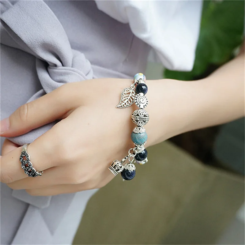Charm Bracelet &amp Bangle Antique Silver Color Beads Leaf Crown Pendant Party Jewelry Gift For Women Girl | Украшения и
