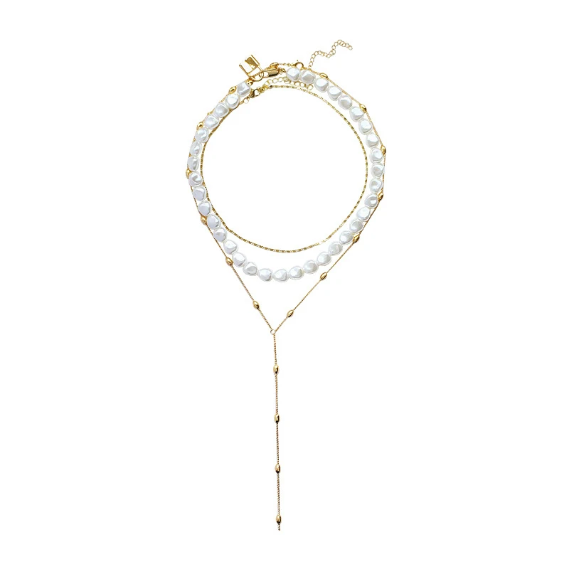SRCOI Hip Hop Multi-layer Irregular Freshwater Pearls Chain Metal Beads Line Lock Pendant Necklace Gold Color Boemia Women Neckl