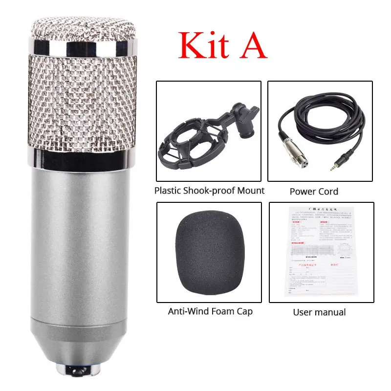 silver kits A BM 800 Студийный микрофон для компьютера профессиональный конденсаторный микрофон для записи bm 800 студийные микрофоны караоке микрофон - Цвет: silver kits A
