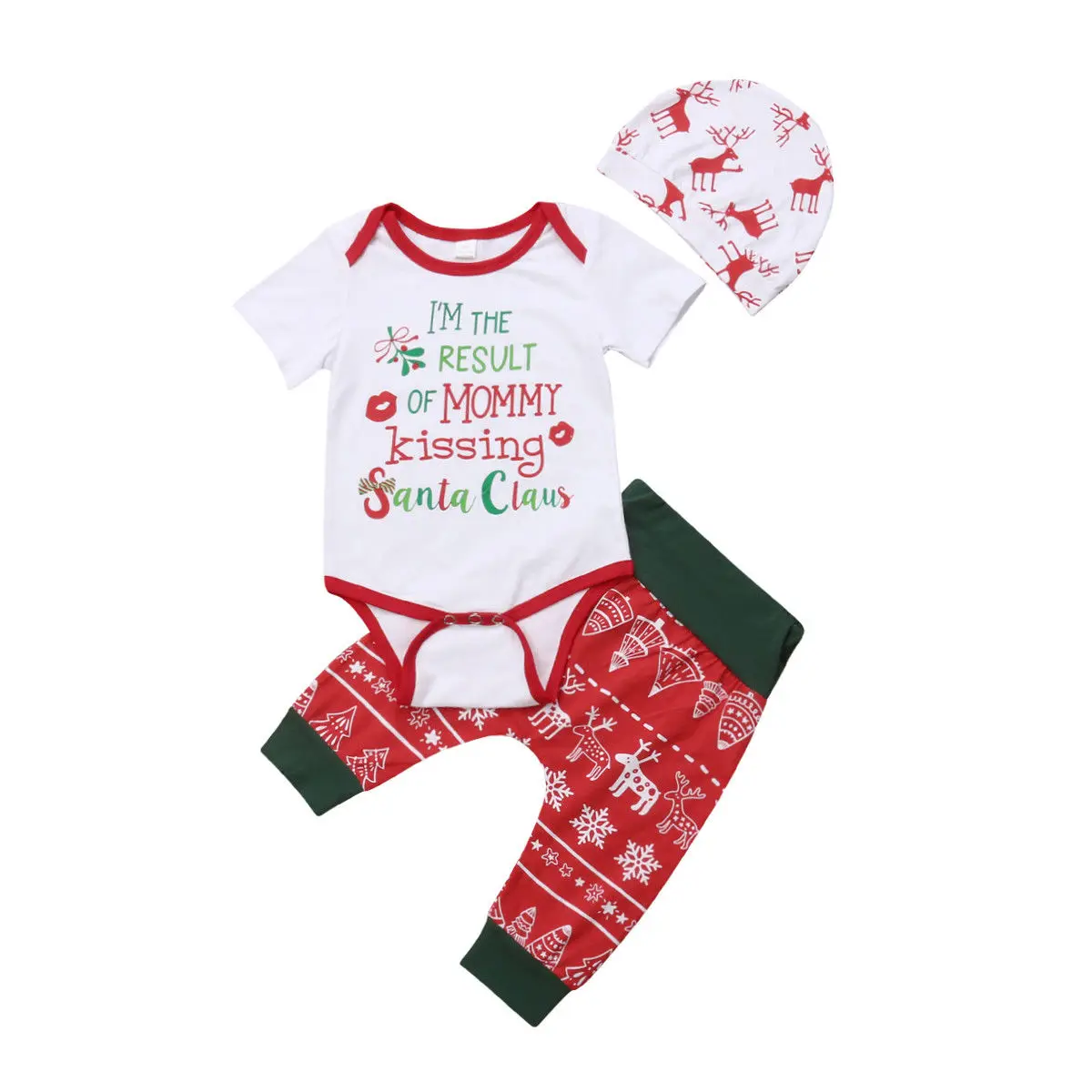 

Baby 3Pcs XMAS Clothes Sets Newborn Babies Girl Boy Letters Bodysuit+Harem Pants+Hat 3pcs Outfits Set Clothing 0-18M