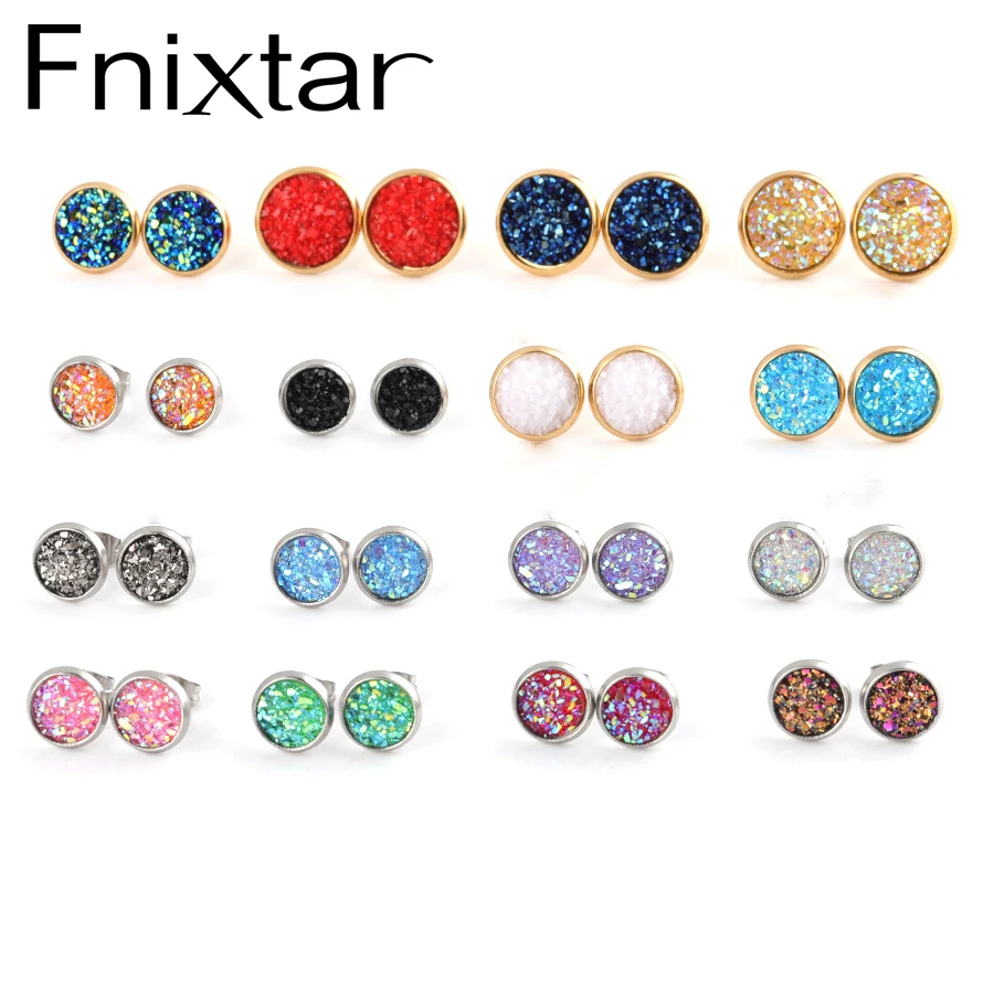 Fnixtar Sparking Crystal Drusy Серьги 8 мм 10 12 смешанные размеры нержавеющая сталь Druzy кварцевые