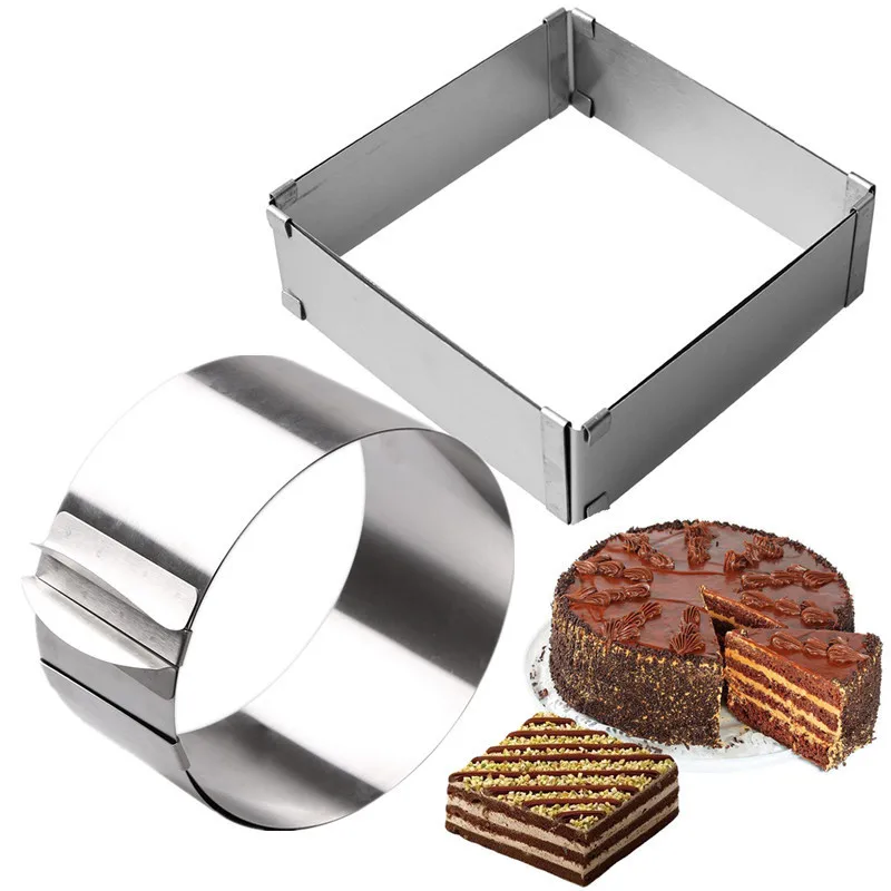 

Adjustable Stainless Steel Pastry Mousse Moulds Ring 3D 16-20cm Round & Square Cake Mold Bakeware Cake Decorating Baking Tools