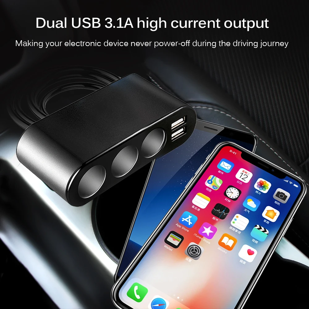 3 Way 120 Вт прикуриватель 3.1A двойной Переходник USB для зарядки в машине поддержка смарт Быстрая зарядка DC 12-24 В