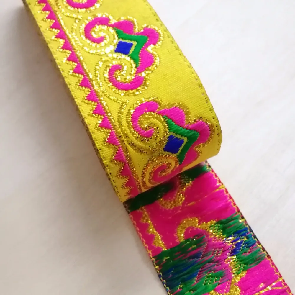 3.3cm 33mm 1-3/8'' Athene Pink Yellow Miao Symbol Zigzag Golden Filigree Ribbon Costume Laciness National Jacquard Webbing Lace | Дом и