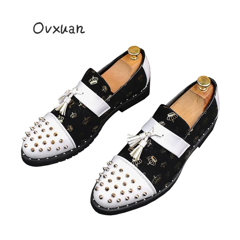

OVXUAN Tassel Rivet Pointed toe Oxford Stitching Crown Leather Business Shoes Prom Banquet Dress Boots Men Spring Derby Loafers