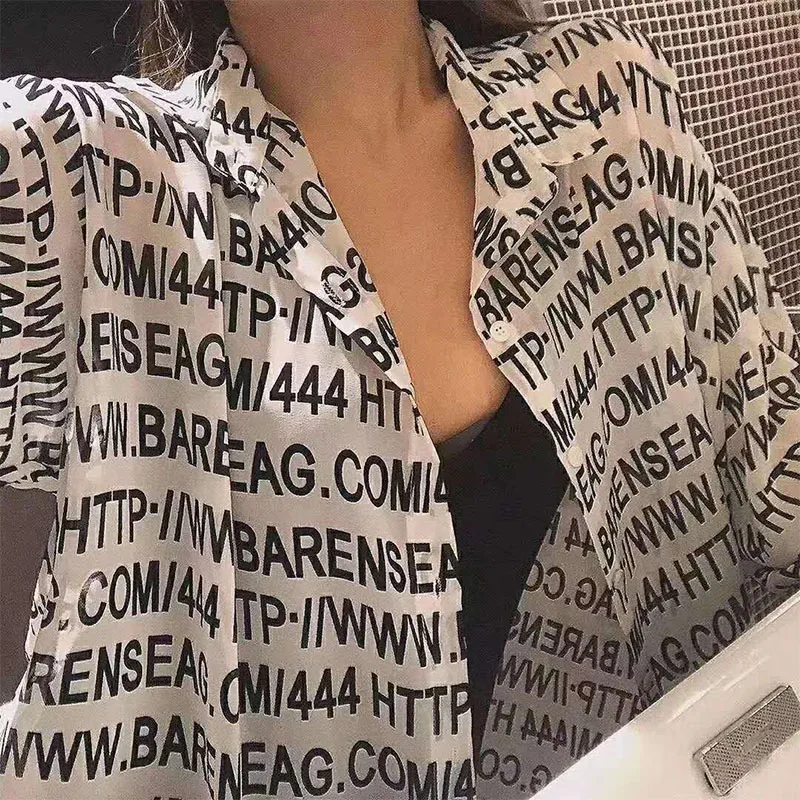 Cheerart Streetwear Letter Print Chiffon Blouse Women Long Sleeve See Through Fashion Shirts Loose Sheer Top 2019 |