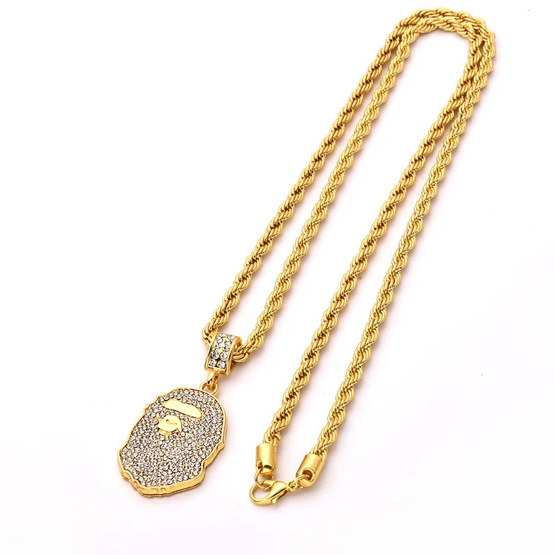 Fashonable Популярные Логотип bling Сплав ape глава кулон в стиле хип хоп цепочки и ожерелья плотный алмаз Подлинная