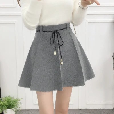 Grey Sashes Новая осенне-зимняя Корейская версия, Женская юбка с высокой талией, Универсальные женские шерстяные юбки на шнуровке, юбки трапециевидной формы для девочек, мини WZ184 - Цвет: Grey Sashes